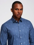 Klasikiniai vyriški medvilniniai SLIM FIT marškiniai su palmėmis - tamsiai mėlyni V5 OM-SHCS-0156