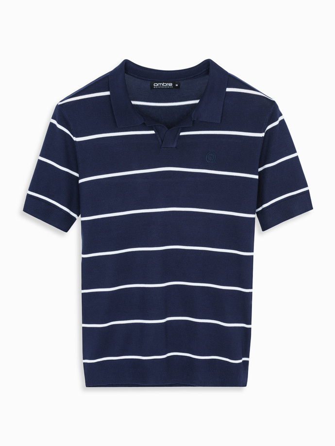 Men's horizontal striped polo shirt with viscose - navy blue and white V1 OM-POSS-0145