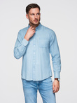 Men's patterned thin denim shirt with pocket - light blue V1 OM-SHDS-0179