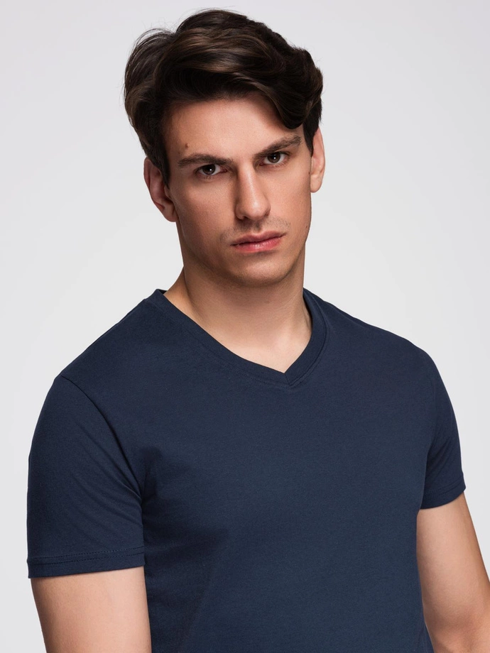 Men's BASIC classic cotton T-shirt with a v-neck - navy blue V2 OM-TSBS-0237