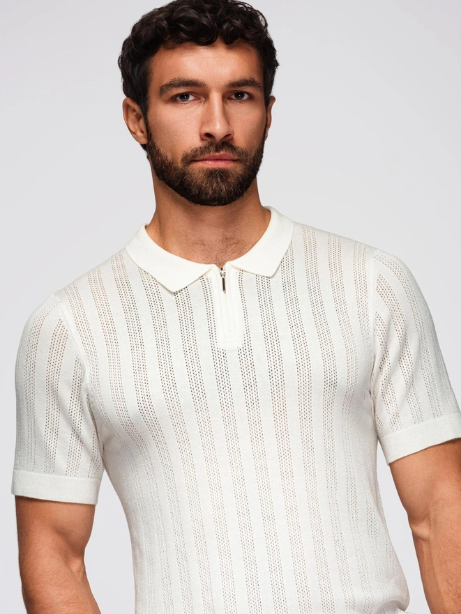 Tricou polo pentru bărbați cu fermoar la decolteu - alb V1 OM-POSS-0158