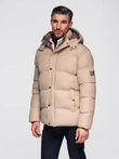 Men's puffer jacket with check lining - beige V2 OM-JAHP-0205
