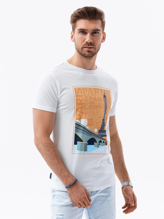 Tricou cu imprimeu pentru barbati V-6A- alb S1434