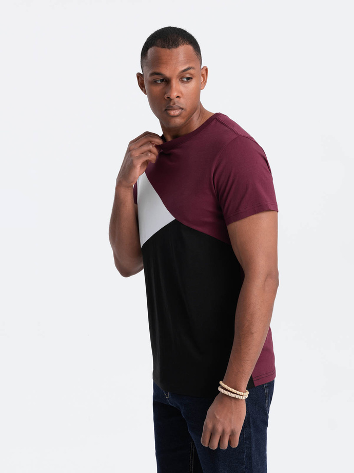 Tricou tricolor din bumbac pentru bărbați - burgundy și negru V5 OM-TSCT-0174