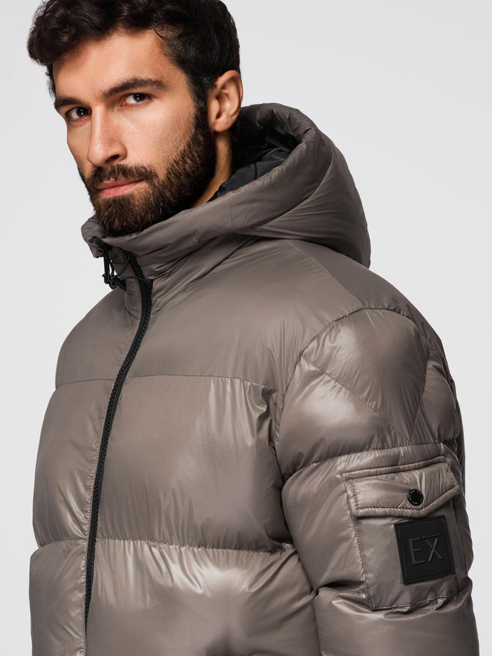 Jachetă puffer călduroasă pentru bărbați cu margini cu nervuri - bej închis V3 OM-JAHP-0207