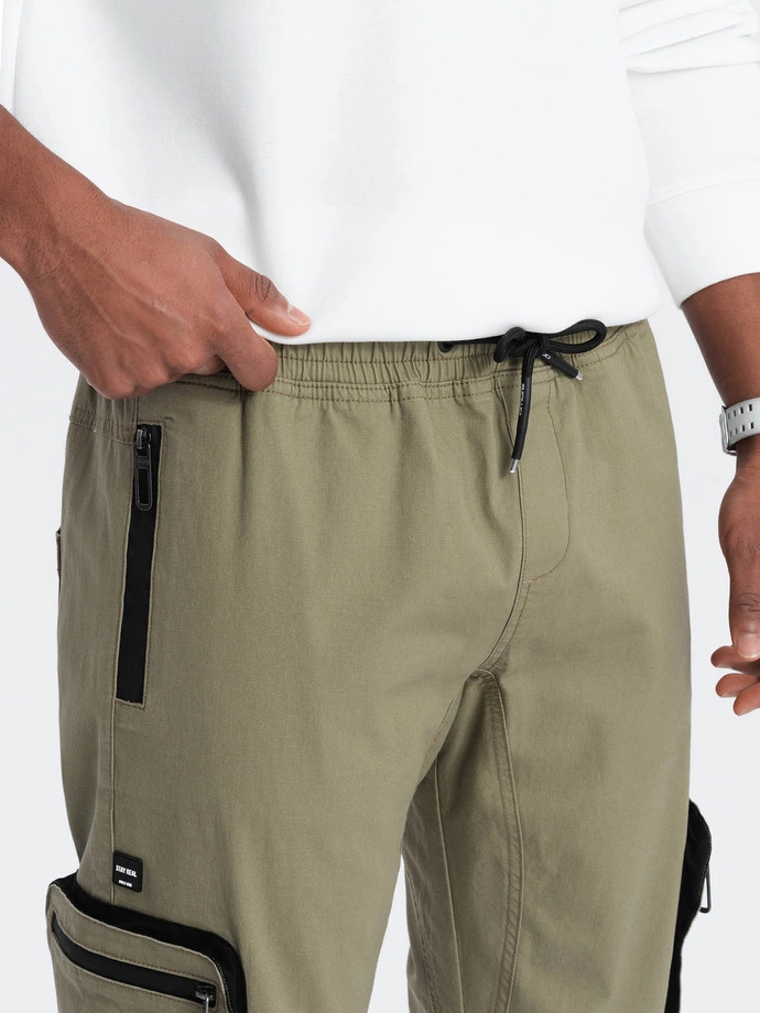 Men's JOGGER pants with zippered cargo pockets - light olive V1 OM-PAJO-0135