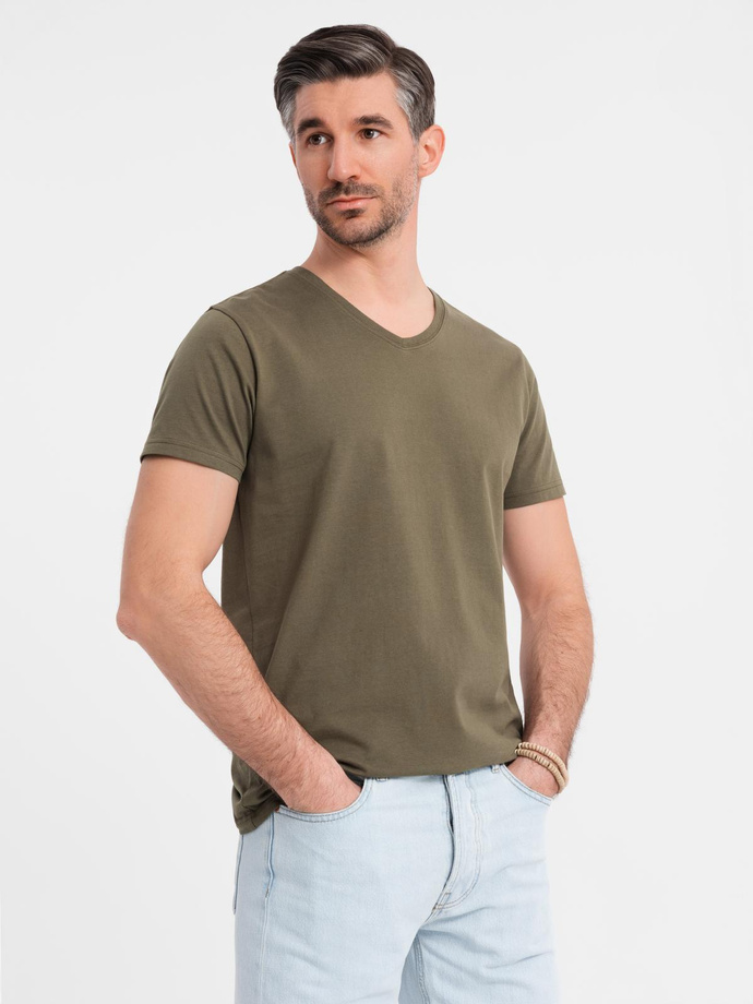 Men's BASIC classic cotton T-shirt with a serape neckline - dark olive V6 OM-TSBS-0237