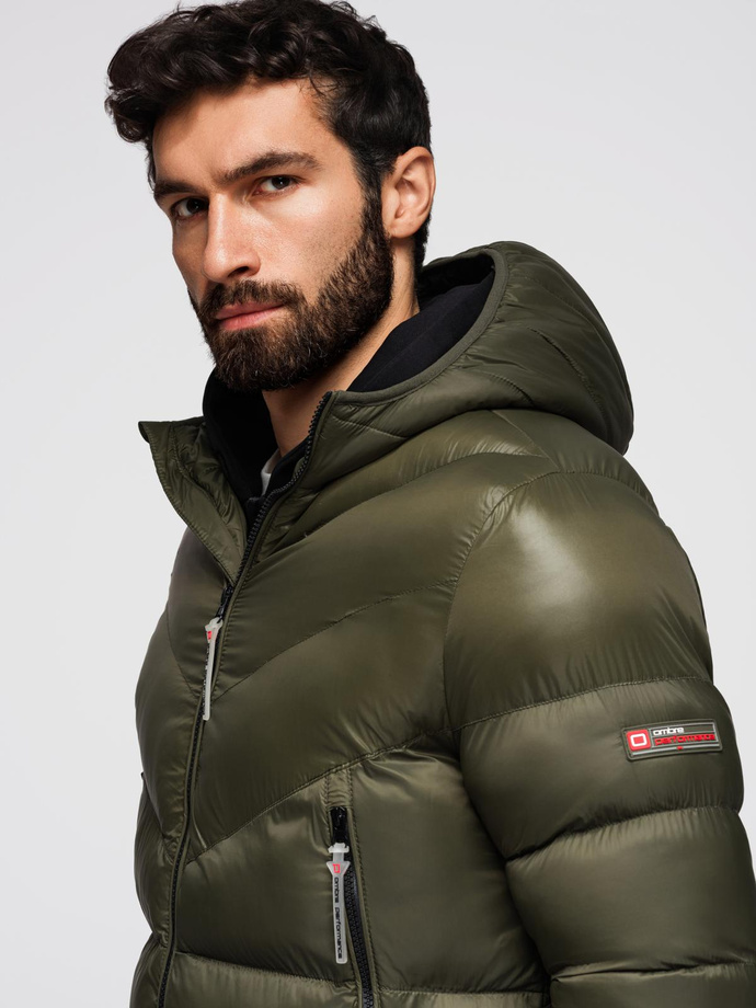 Jachetă de iarnă matlasată pentru bărbați din țesături combinate - verde-oliv închis V3 OM-JAHP-0145