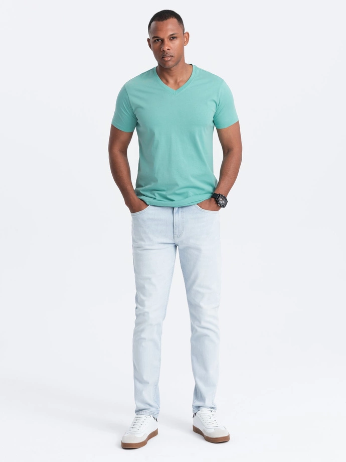 Men's BASIC classic cotton T-shirt with a v-neck - turquoise V15 OM-TSBS-0145