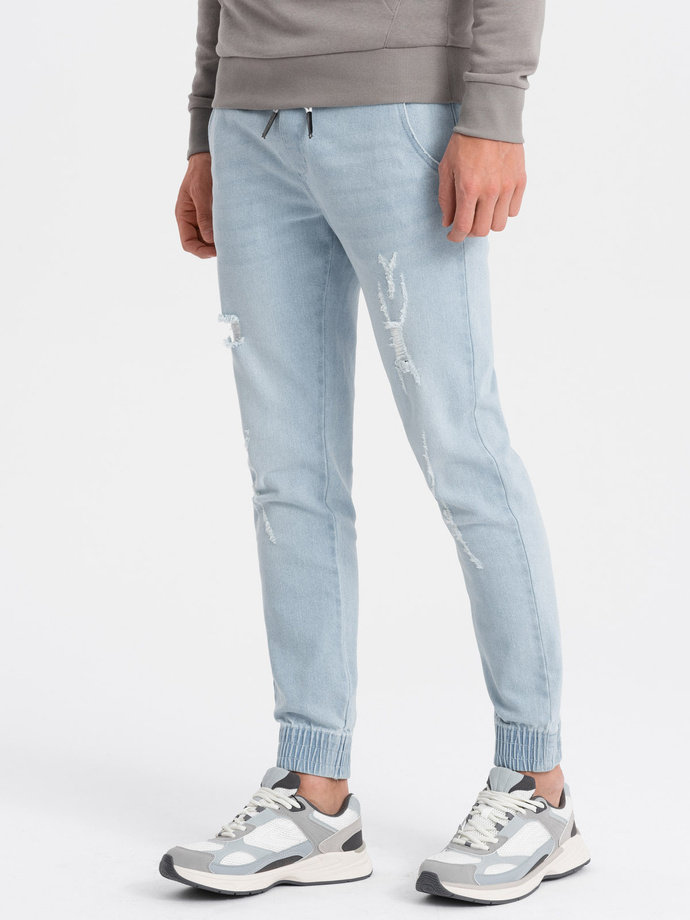 Pantaloni bărbătești JOGGER din denim cu frecare - albastru deschis V1 OM-PADJ-0150