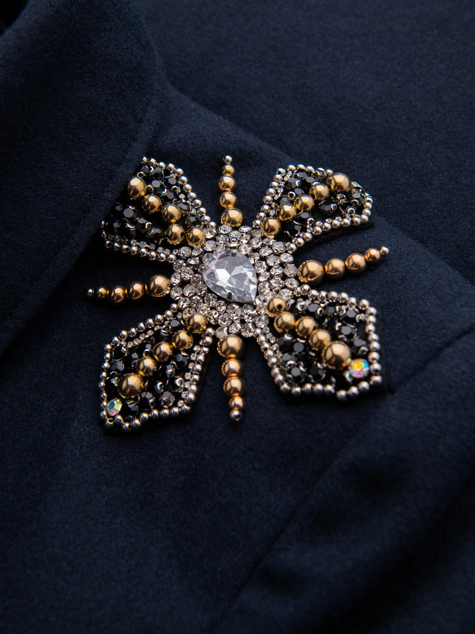 Men's double-breasted coat with wool and decorative shoulder applications - V1 navy blue OM-COWC-0150