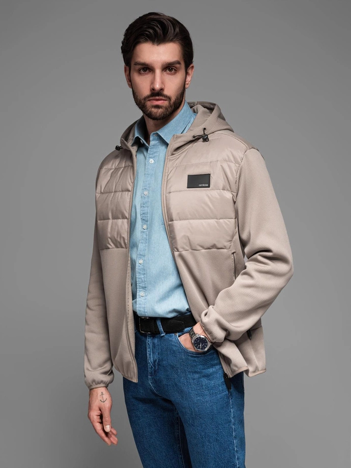 Men's lightweight jacket of combined materials with hood and decorative quilting - ash V3 OM-JANP-0160 