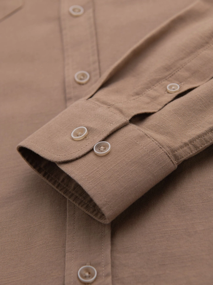 Men's linen shirt with classic collar and pockets REGULAR FIT - light brown V7 OM-SHCS-0134