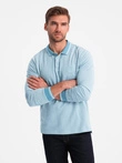 Polo bărbați melange cu mânecă lungă cu broderie - albastru melange V3 OM-POLS-0129