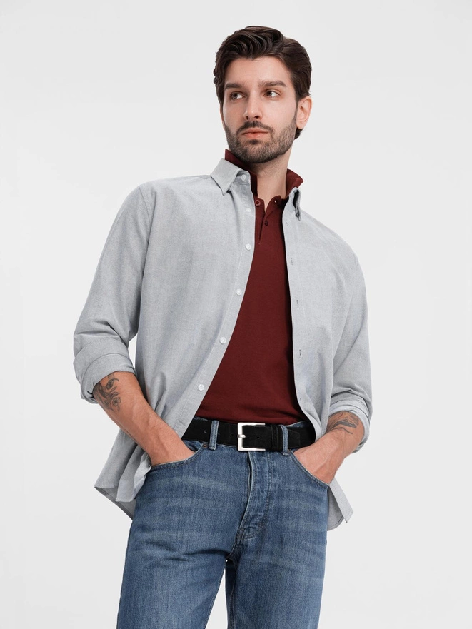 Cămașă oxford elegantă pentru bărbați cu broderie - gri deschis V2 OM-SHOS-0172