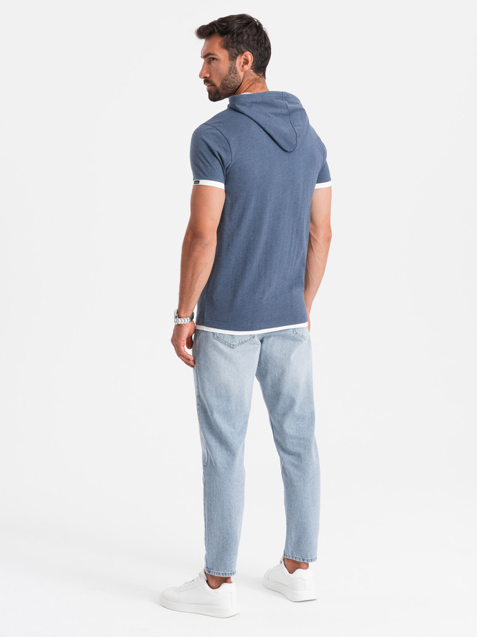 Tricou bărbătesc casual din bumbac cu glugă - albastru închis melange V12 OM-TSCT-22SS-001
