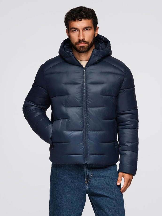 Men's quilted puffer jacket with hood - navy blue V4 OM-JAHP-0235