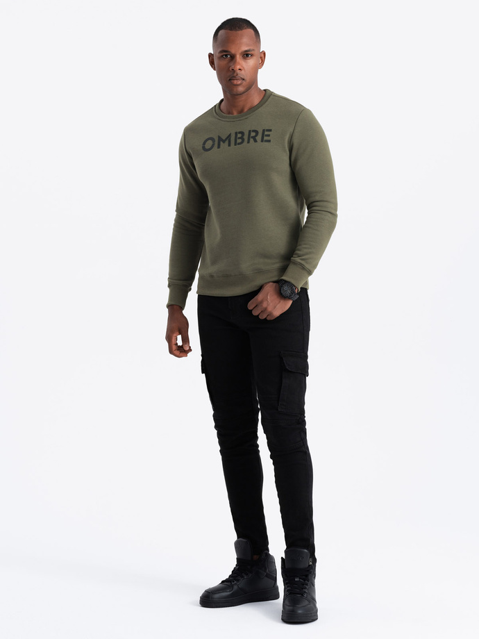 Classic men's sweatshirt with inscription - dark olive V2 OM-SSPS-0181