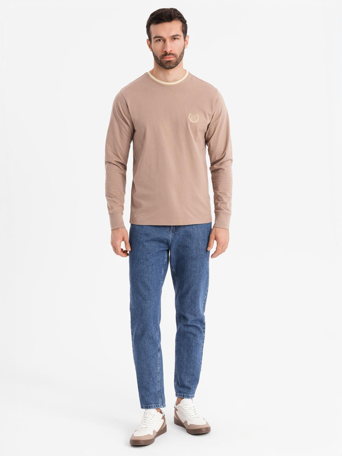 Men's cotton longsleeve with striped U neckline and embroidery - brown V6 OM-LSCL-0128