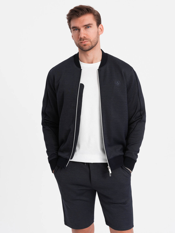 Set jachetă și pantaloni scurți bărbați din tricot jacard - albastru marin V1 Z73