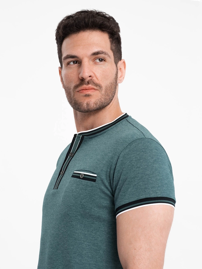 Men's henley t-shirt with decorative ribbing - dark green V2 OM-TSCT-0175