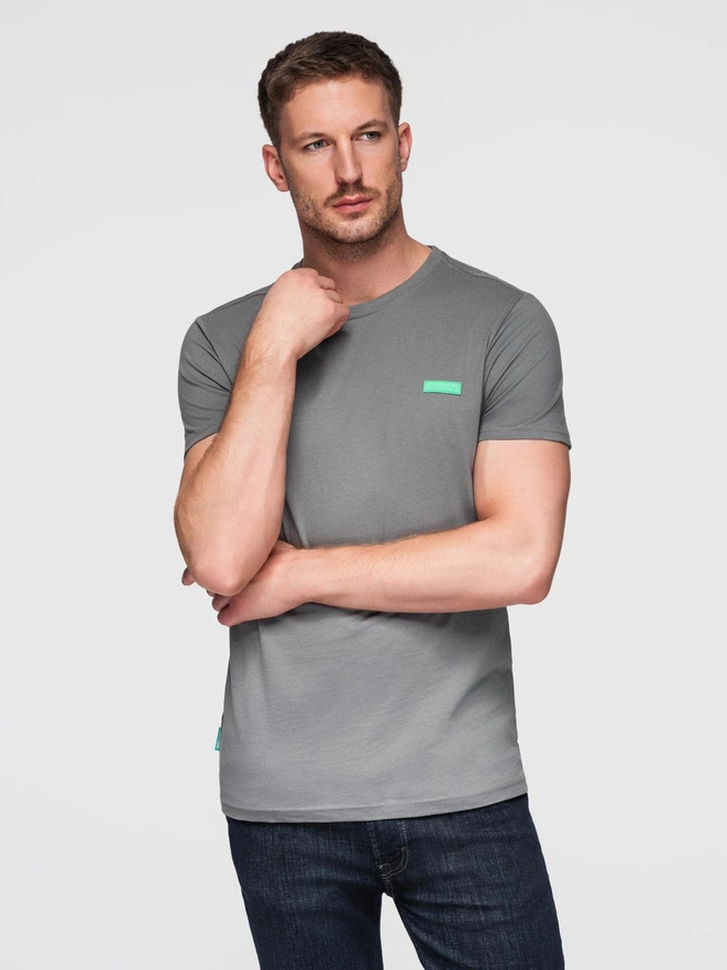 Men's cotton t-shirt with green patch on chest - gray V1 OM-TSCT-0151