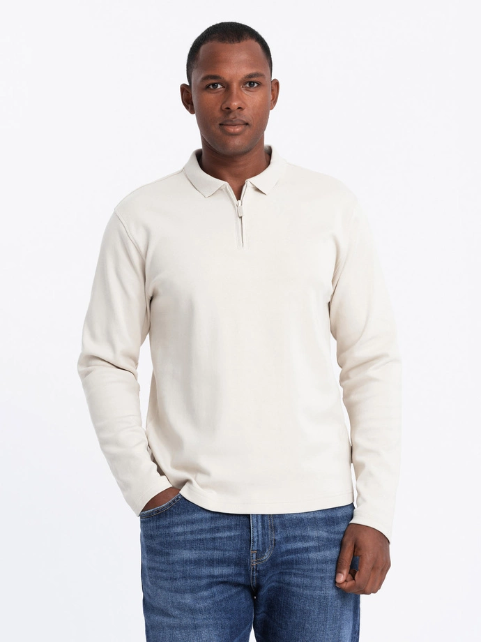 Men's polo longsleeve with zippered collar - cream V3 OM-POLS-0130