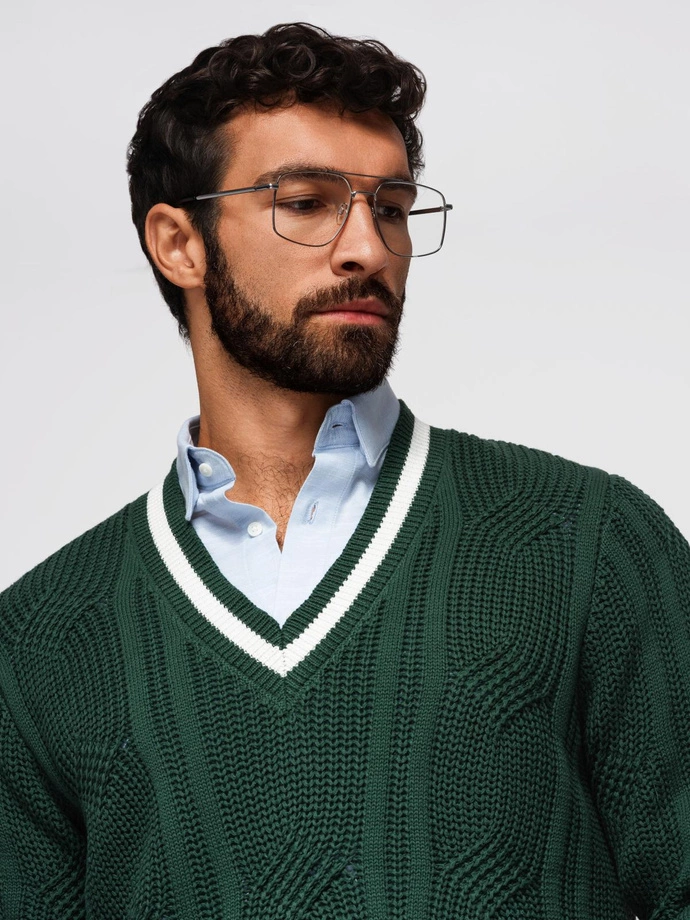 Men's plaid sweater with crew neckline - green V3 OM-SWSW-0151