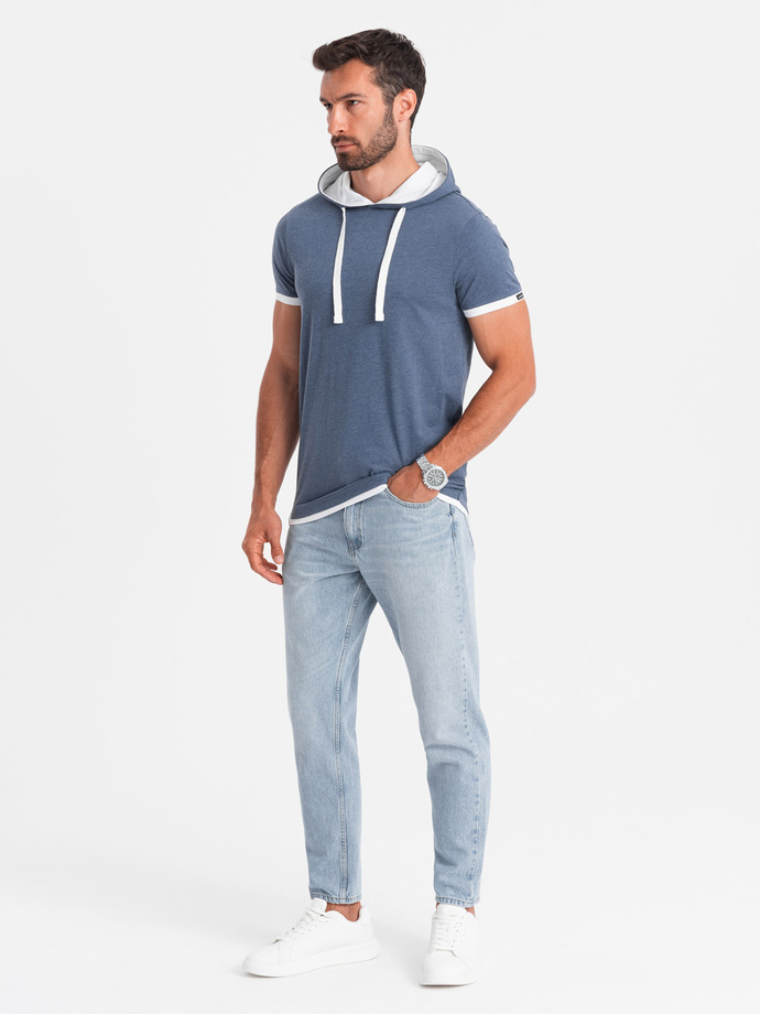 Tricou bărbătesc casual din bumbac cu glugă - albastru închis melange V12 OM-TSCT-22SS-001