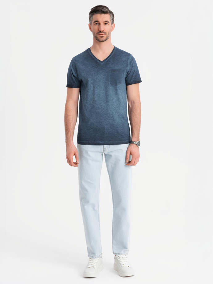 Tricou bărbătesc din bumbac cu logo dublu imprimat - albastru marin V3 OM-TSPT-0211