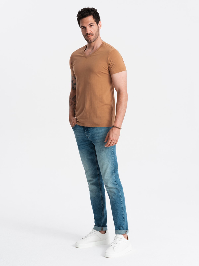 Men's BASIC classic cotton T-shirt with a v-neck - brown V9 OM-TSBS-0145