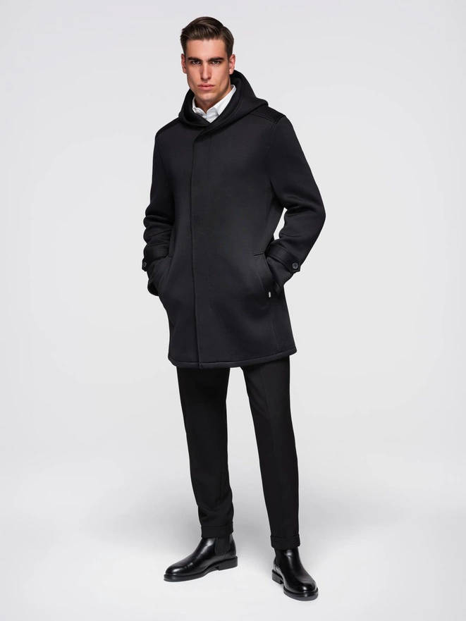 Men's minimalist medium length coat with hood - black V4 OM-COLC-0144
