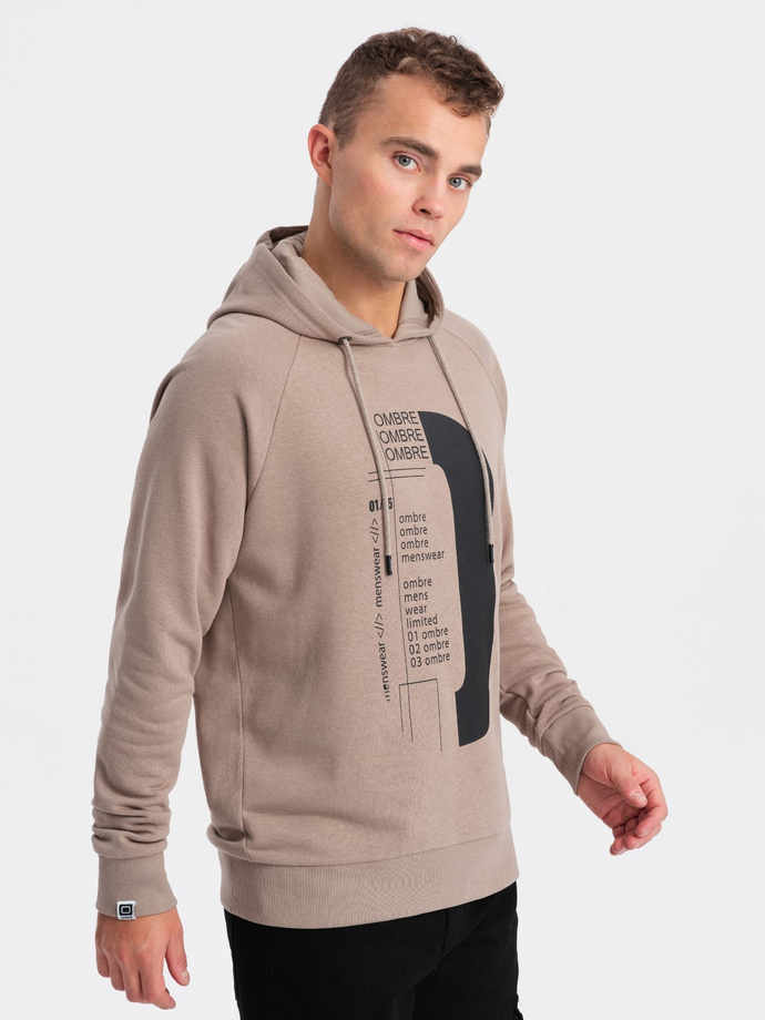 Men's printed HOODIE sweatshirt - dark beige V2 OM-SSPS-0152