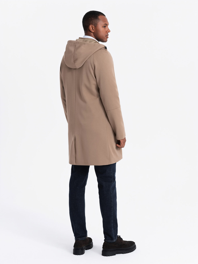 Pánsky kabát s jemným prúžkom a kapucňou - káva V1 OM-COSC-0112