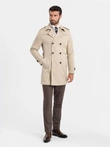 Elegant men's SLIM FIT trench coat with belt - beige V1 OM-COSC-0126