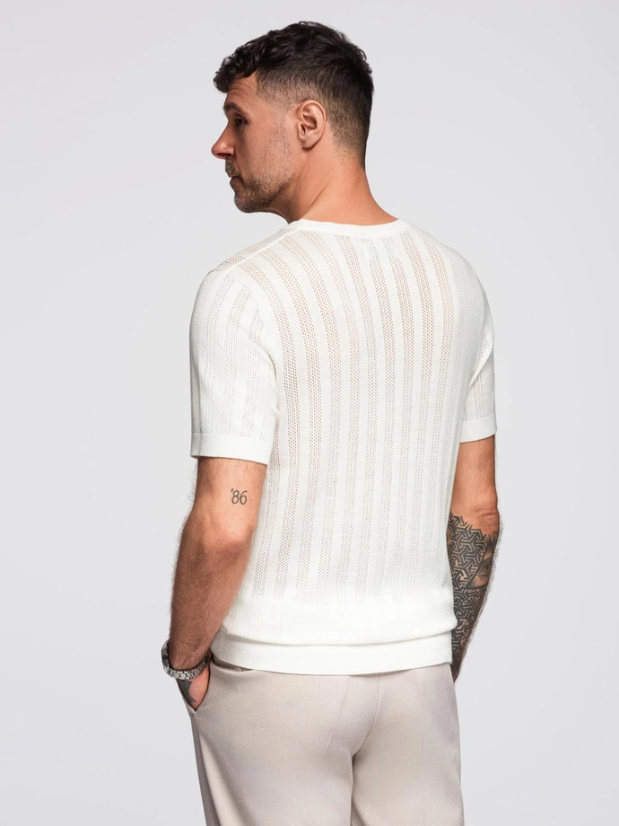 Men's openwork sweater with round neckline and short sleeves - white V1 OM-TSCT-0251