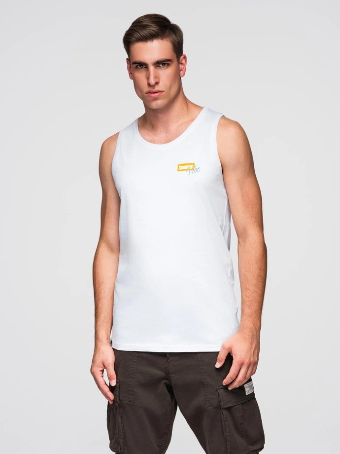 Pánske bavlnené tielko s potlačou Summer Vibe - biele V2 OM-TSTT-0191