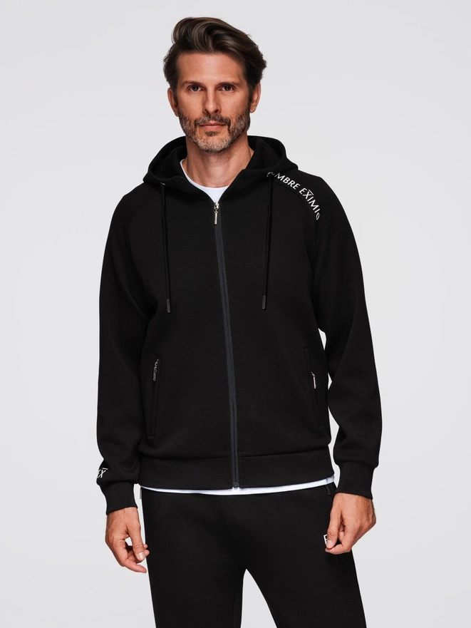 Men's hooded kangaroo sweatshirt with logo - black V1 OM-SSNZ-0162