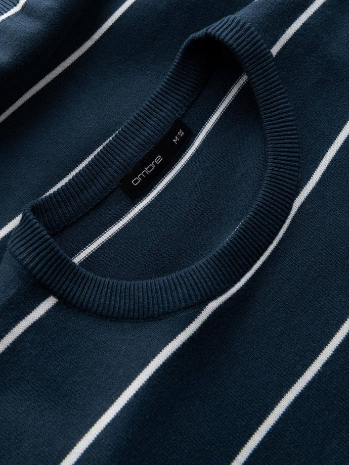Casual men's sweater with horizontal stripes - navy blue V1 OM-SWSW-0143