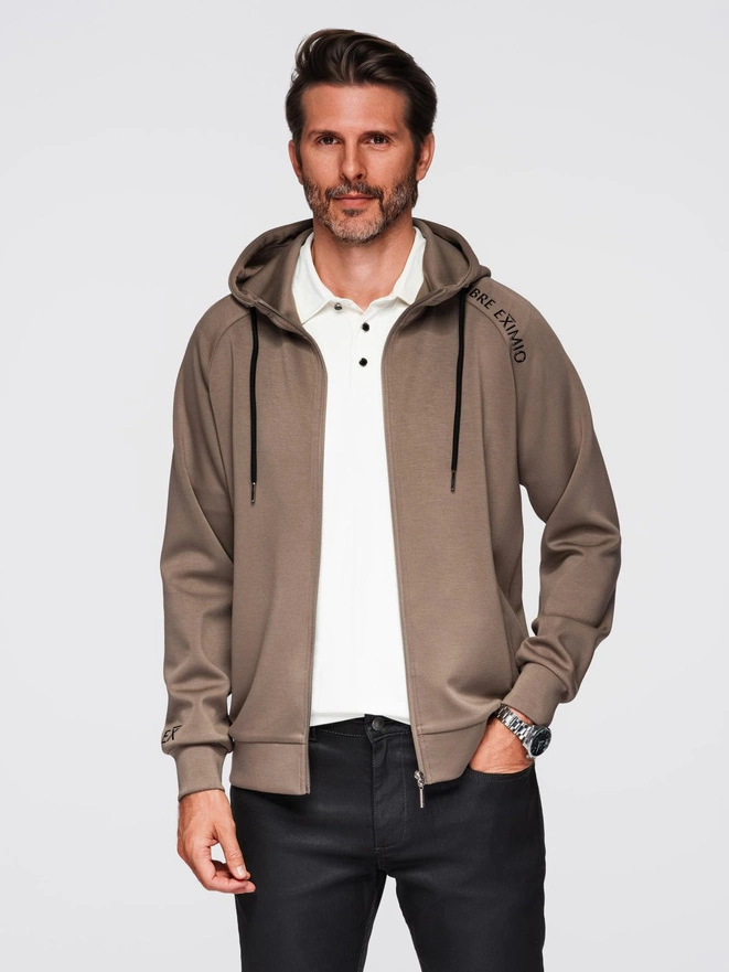 Men's unbuttoned sweatshirt with stand-up collar and hood - gray-brown V3 OM-SSZP-0216