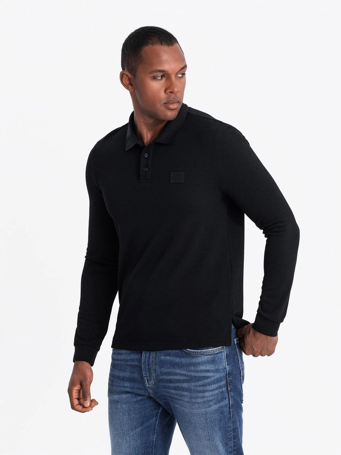 Structured men's polo longsleeve with patch - black V1 OM-POLS-0131