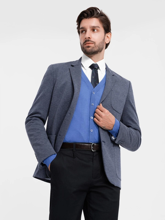 Fitted elegant men's structured knit jacket - navy blue V1 OM-BLZB-0129