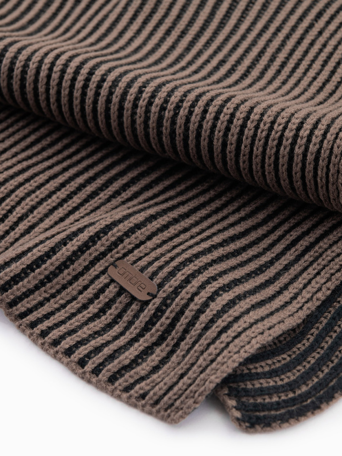 Men's knitted scarf with two-tone stripes - brown and black V3 OM-ACSF-0114