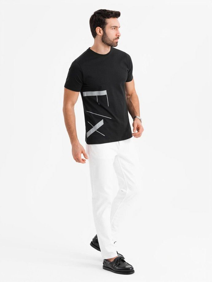 Vyriški medvilniniai trikotažiniai marškinėliai su dideliu šoniniu užrašu - juodi V1 OM-TSPT-0213