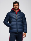 Modern men's quilted jacket of combined materials - navy blue V2 OM-JAHP-0303