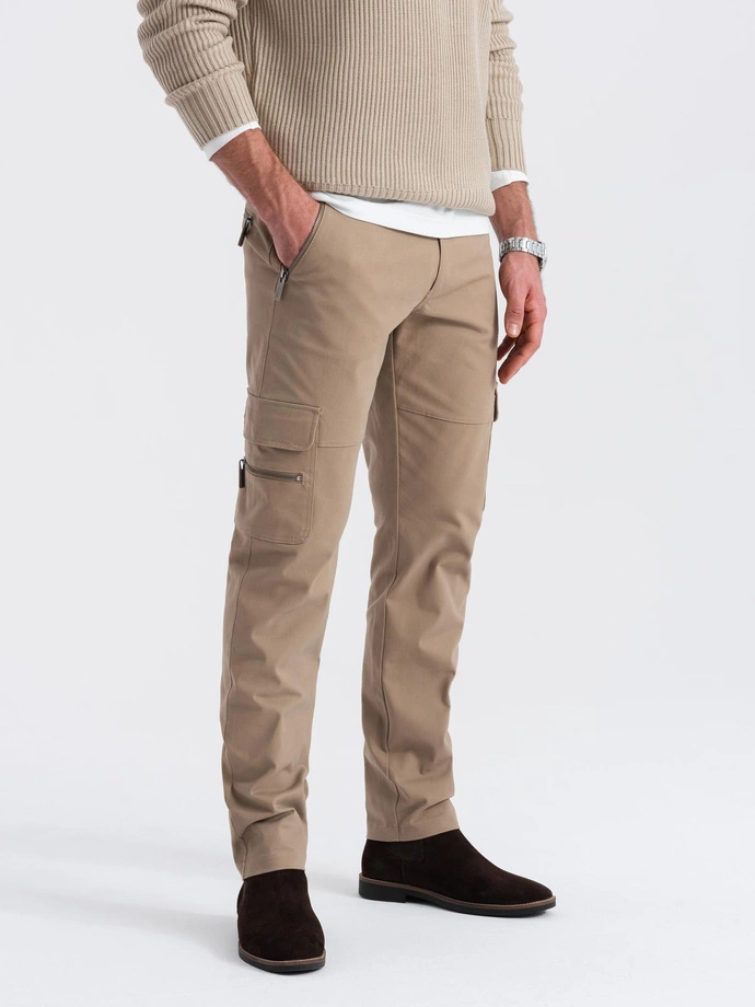 Pánské kalhoty STRAIGHT LEG s kapsami na zip - khaki V3 OM-PACG-0204