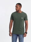 Casual men's t-shirt with patch on pocket - dark olive V4 OM-TSCT-0109
