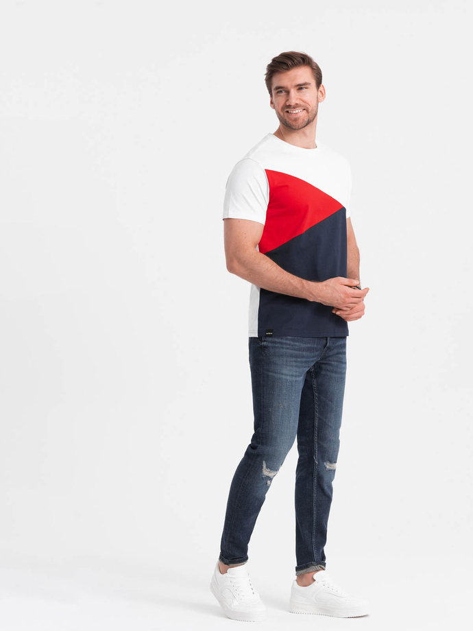 Tri-color men's cotton t-shirt - white and navy blue V3 OM-TSCT-0174