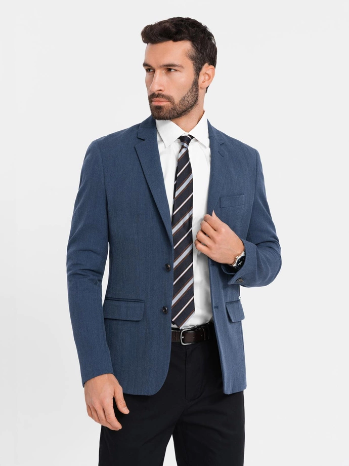 Elegant men's SLIM FIT jacket with rayon - dark blue V3 OM-BLZB-0135