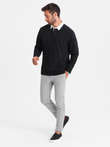 Men's sweatshirt with white polo collar - black V6 OM-SSNZ-0132